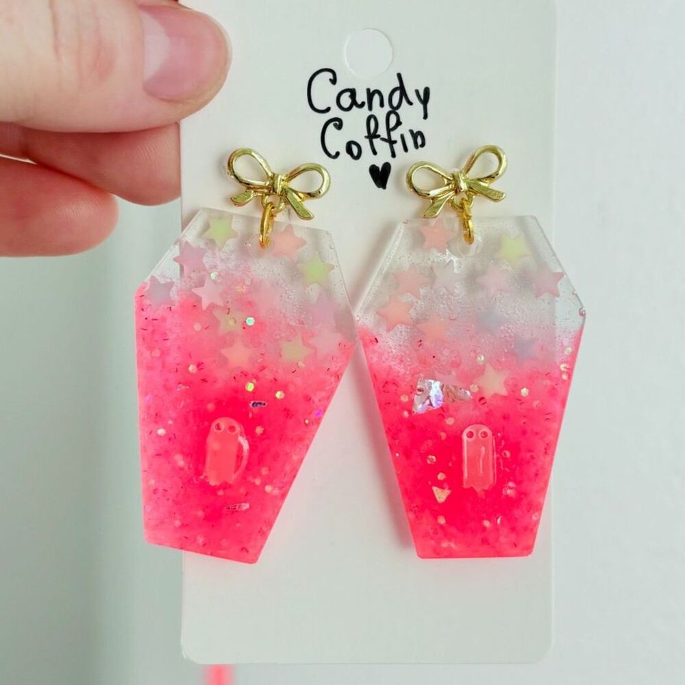 Glow in the Dark Coffin Earrings Stars, Handmade Cute Spooky Halloween Jewelry